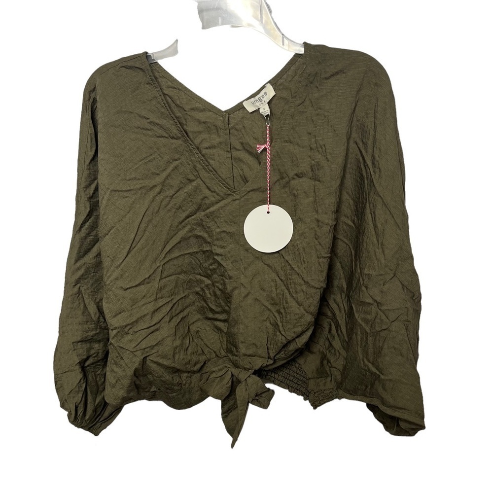 NWT Umgee Size Small Army Olive Green Balloon Sleeve Knotted Front Blouse